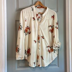 Hope Springs Women's L Floral Embroidered Fall Roll Tab Sleeves Cream Button Top
